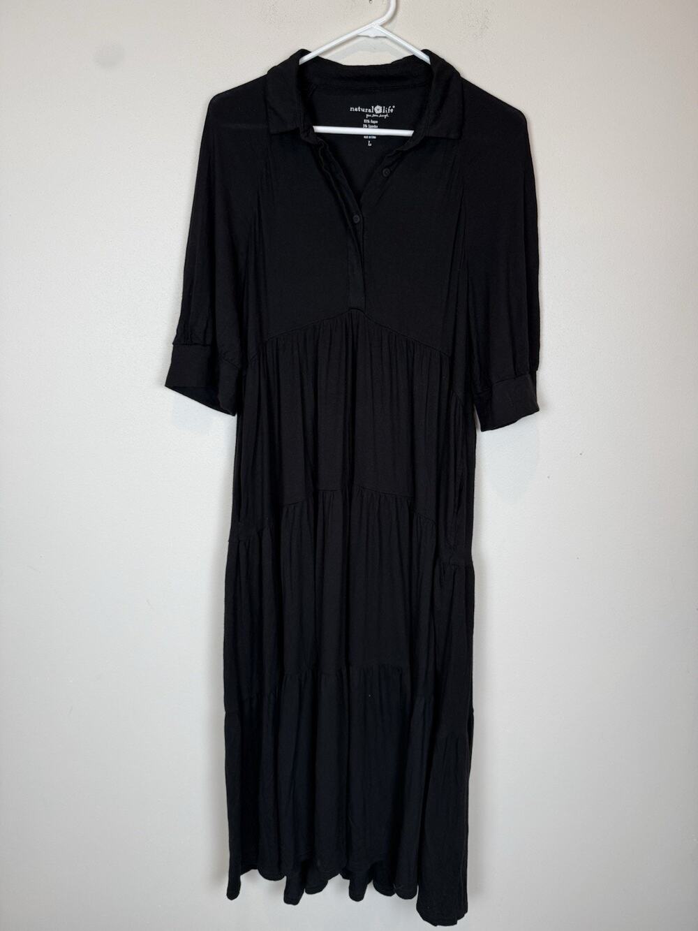 Natural Life Rebecca Buttersoft Midi Dress Sz L Black Jersey Tiered Boho Prairie